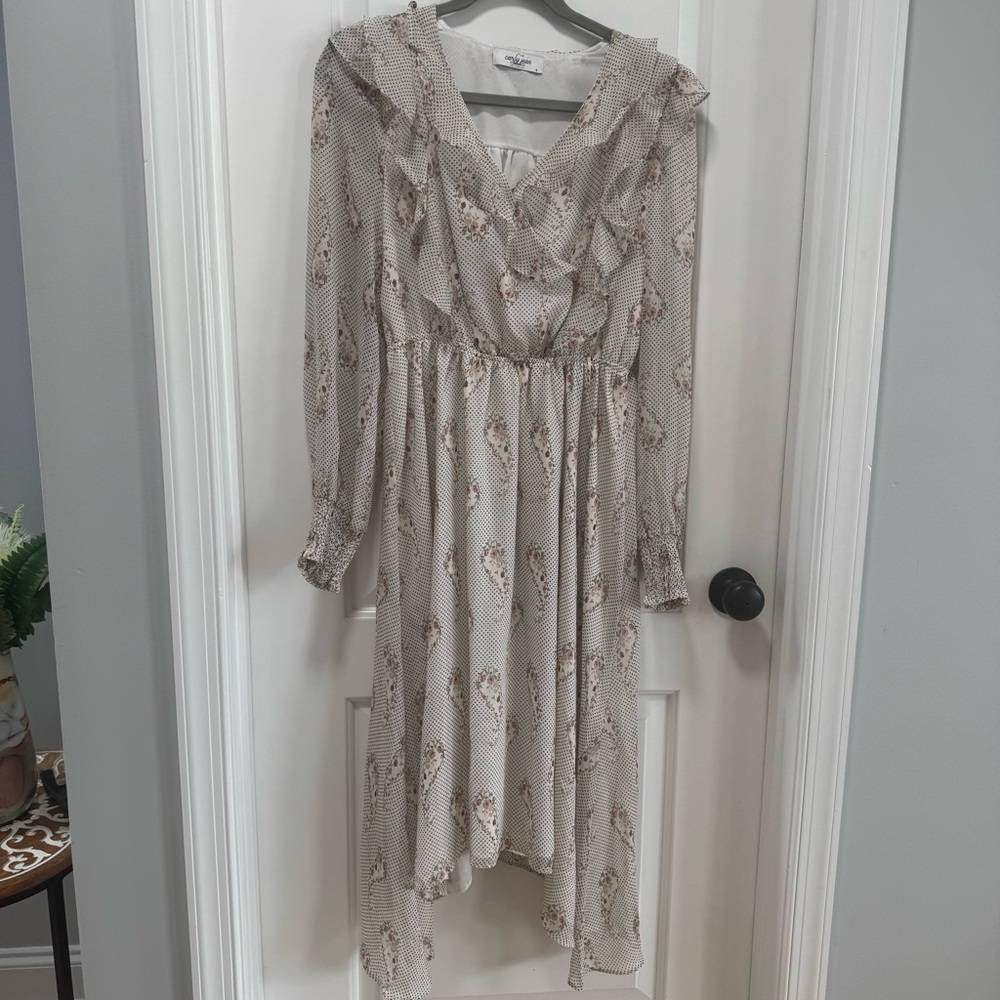 Carly Jean Los Angeles size Small Ruffle‎ Midi Dress Long Sleeve Paisley Dot